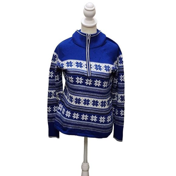 Womens Talbots Snowflake Blue White Quarter Zip Size P Petite